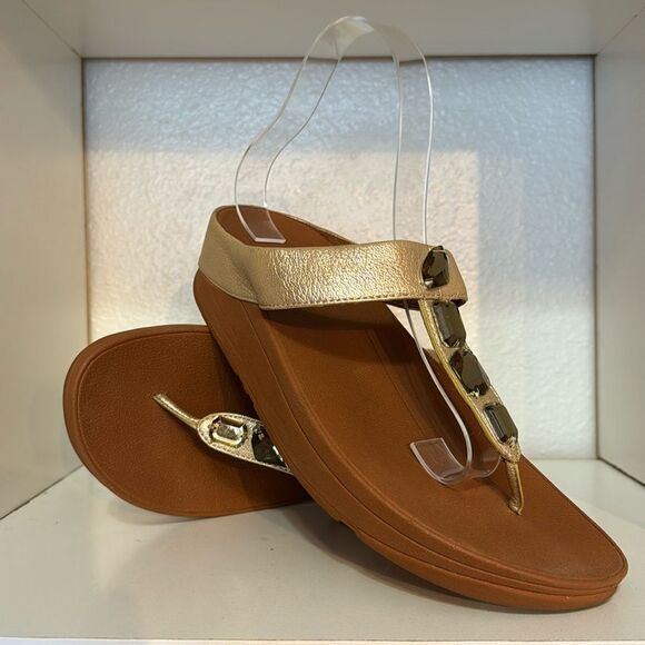 Fitflop Roka Womens Embellished Gold Thong Platform Summer Comfort Sandals - Picture 1 of 12